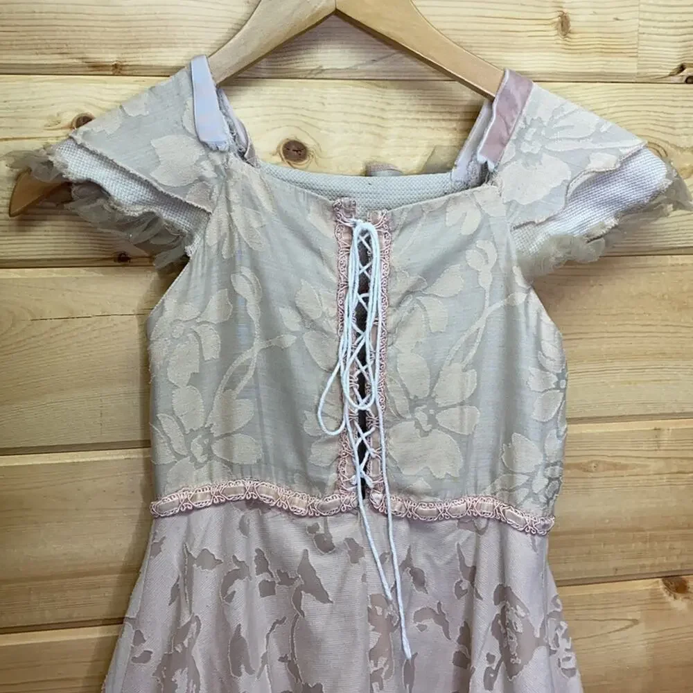 Handmade Prairie Renaissance Peasant Floral Ruffle Lace Tie Back Girls Dress 5/6